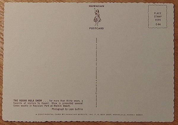 Backside of The Kodak Hula Show Hawaiian Postcard
